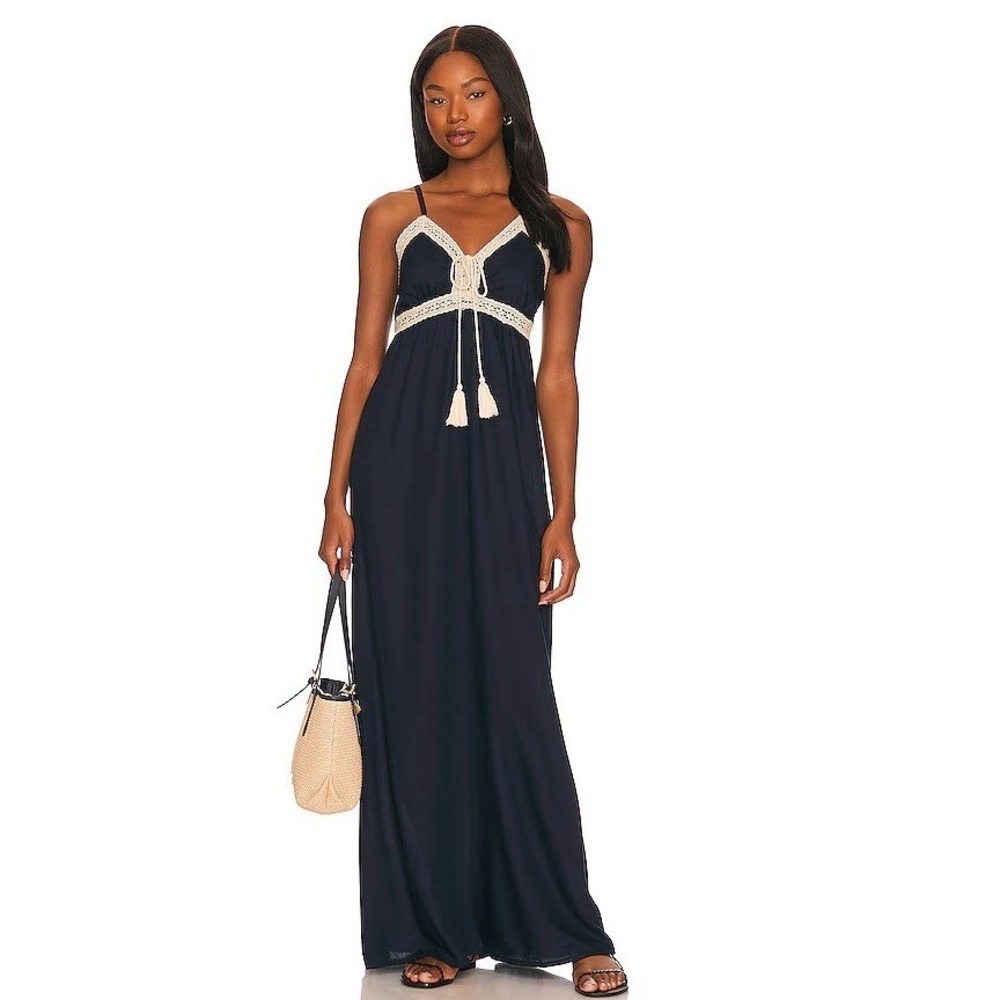 1.STATE Womens Navy Blue Crochet Lace Trim Tassel Maxi Dress Small Boho‎ Smocked